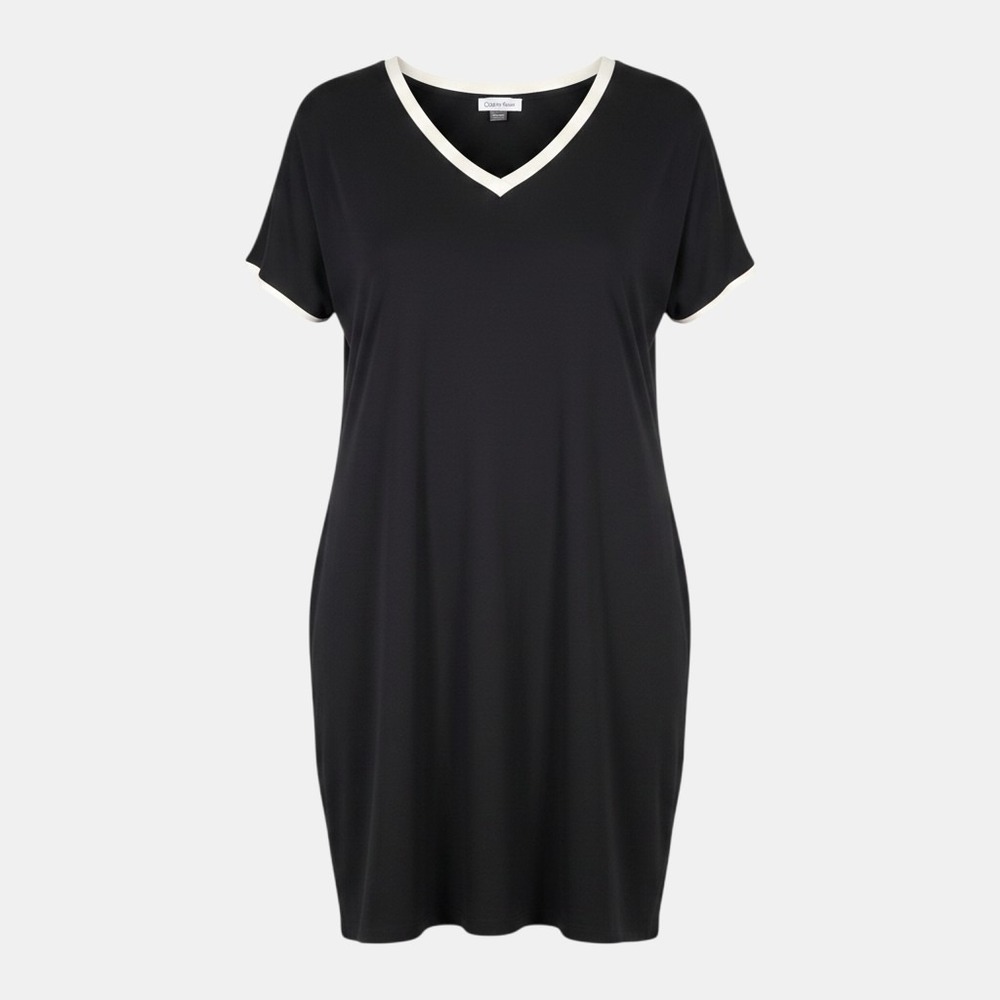 Calvin Klein Dress Large Black White V-Neck Short Sleeve Midi Quiet Luxury EUC